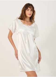 Styli Satin Lace Trim Gathered Detail Night Dress  - Image 1