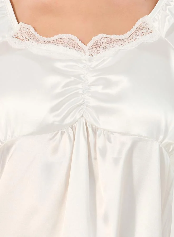 Styli Satin Lace Trim Gathered Detail Night Dress