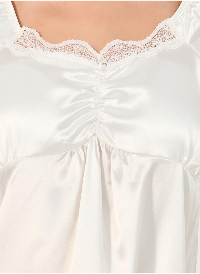 Styli Satin Lace Trim Gathered Detail Night Dress  - Image 3