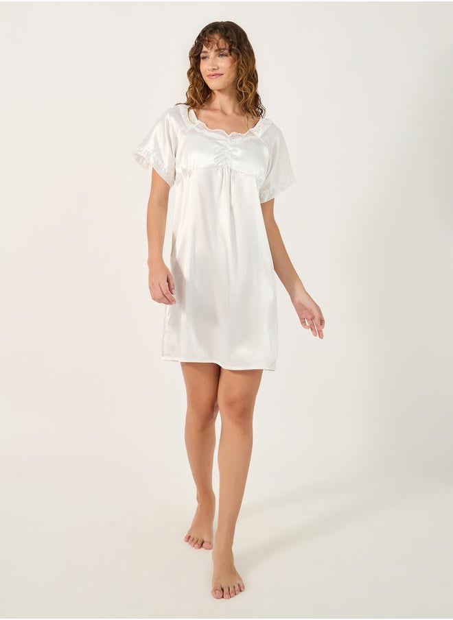 Styli Satin Lace Trim Gathered Detail Night Dress  - Image 2