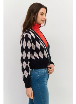 Pepe Jeans Women Plunging Neck Long Sleeves Argyle Print Cardigans, Navy Combo  - Image 2
