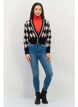 Pepe Jeans Women Plunging Neck Long Sleeves Argyle Print Cardigans, Navy Combo  - Image 3