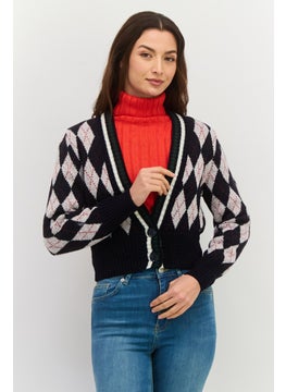 Pepe Jeans Women Plunging Neck Long Sleeves Argyle Print Cardigans, Navy Combo  - Image 1