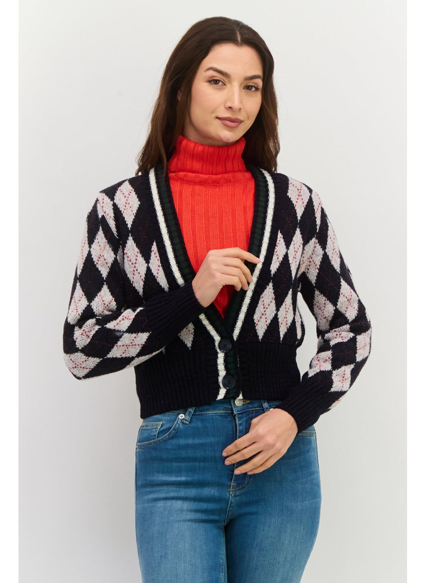 Pepe Jeans - Women Plunging Neck Long Sleeves Argyle Print Cardigans, Navy Combo - Image 1