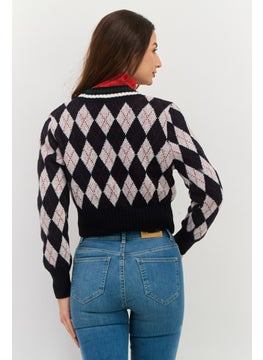 Pepe Jeans Women Plunging Neck Long Sleeves Argyle Print Cardigans, Navy Combo  - Image 4