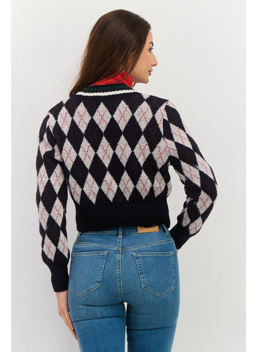 Pepe Jeans - Women Plunging Neck Long Sleeves Argyle Print Cardigans, Navy Combo - Image 1