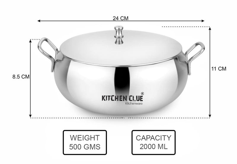 KITCHEN CLUE Stainless Steel Kadhai/Woks/Serving Bowl Set with Lid - 2000 Ml Pack of 2 Pcs with Serving Spoon 2 Pcs - Kitchen Serving Set - Ideal to Store & Serve Curry, Roti, Rice, Dry Fruits - Image 4