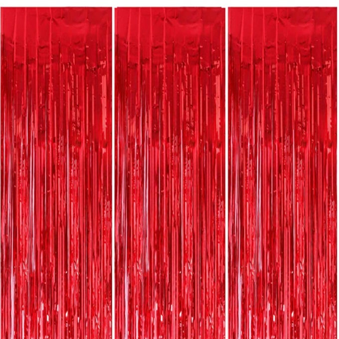 3PCS 1M2M CHRISTMAS RED FOIL CURTAINS METALLIC TINSEL PARTY SHIMMER CURTAINS WITH FRINGE FOR XMAS PARTY PHOTO BACKDROP