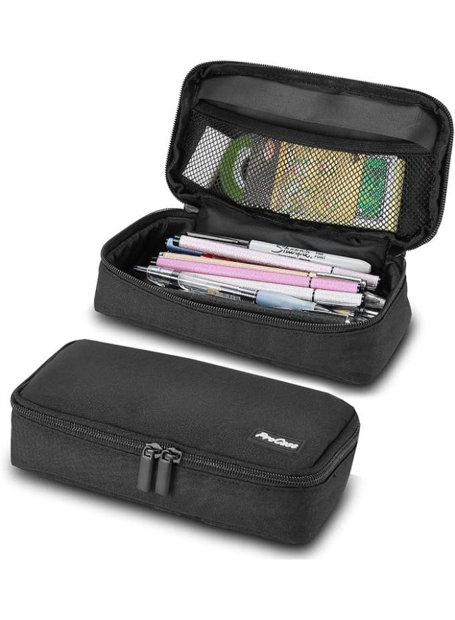 ProCase Pencil Bag Pen Case, Large Capacity Students Stationery Pouch Pencil Holder Desk Organizer with Double Zipper, Portable Pencil Pouch for School Office Supplies –Black - Image 1