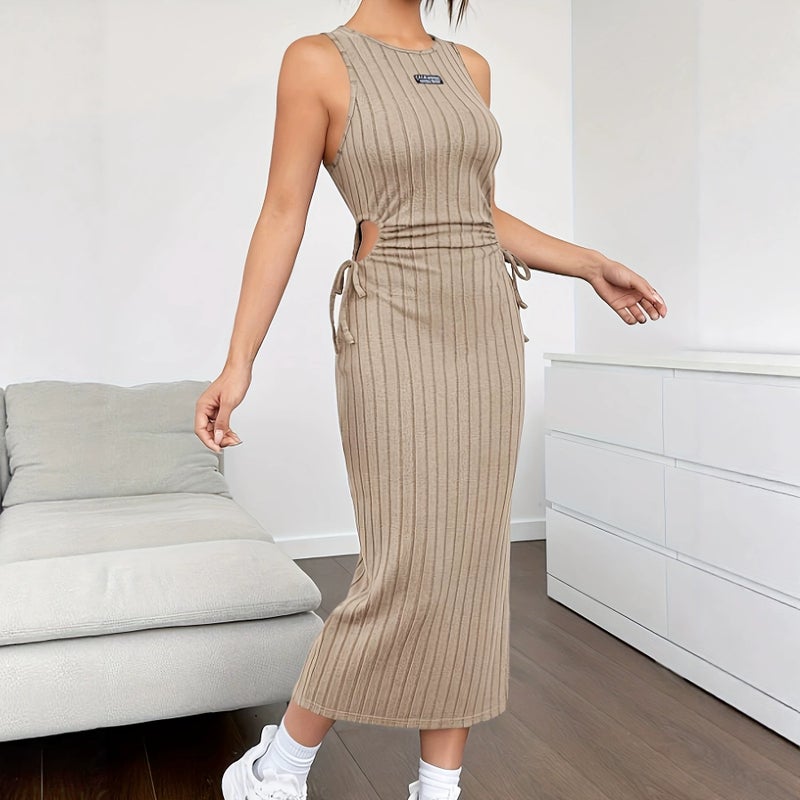 Ribbed Cutout Tie Waist Bodycon Dress - Image 1