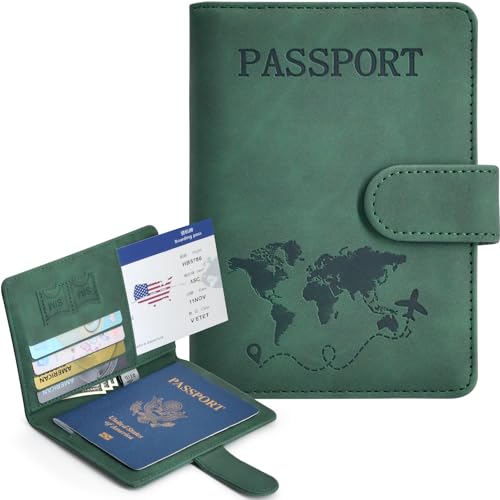 KAOBAN Passport Holder, Passport Cover with Credit Card Slot and Boarding Pass Slot Combo, Passport Wallet Case Book Travel Must Have, RFID Blocking Leather Travel Accessories, Green - Image 2