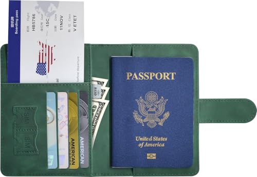 KAOBAN Passport Holder, Passport Cover with Credit Card Slot and Boarding Pass Slot Combo, Passport Wallet Case Book Travel Must Have, RFID Blocking Leather Travel Accessories, Green - Image 5