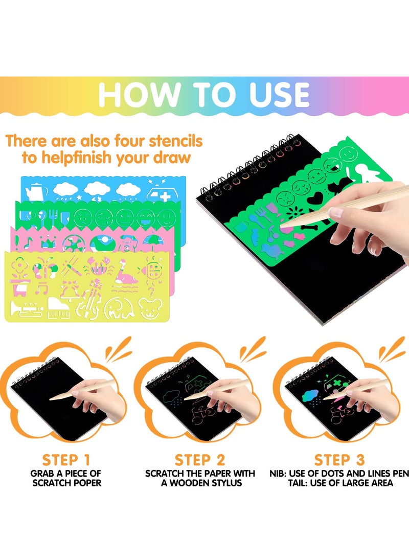 SYOSI 24 Pack Scratch Arts and Crafts Notebooks, Scratch Note Pads for Kids, Paper with 24 Wooden Stylus and 4 Drawing Stencils, Kids Birthday Party Favors Game Gift - Image 4
