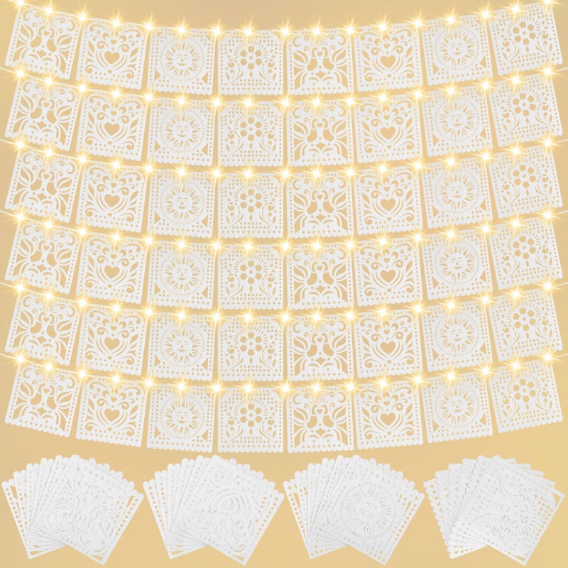 SmoothNovelty 6 Pack White Papel Picado Banner with LED String Light Cielito Lindo Backdrop Decorations Mexican Party Banners 12 Flags Per Banner Mexicano para Fiesta Decor for Wedding Baby Shower Birthday Supply - Image 2
