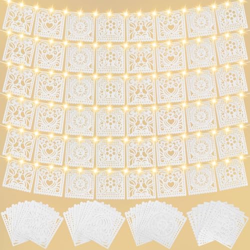 SmoothNovelty 6 Pack White Papel Picado Banner with LED String Light Cielito Lindo Backdrop Decorations Mexican Party Banners 12 Flags Per Banner Mexicano para Fiesta Decor for Wedding Baby Shower Birthday Supply - Image 1