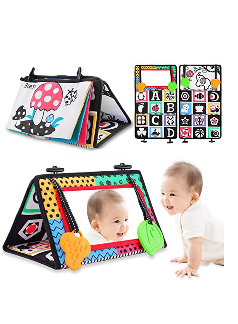 Baby Tummy Time Mirror Flip Baby Mirror Floor with Teether Soft Cloth Book Black and White Sensory Toys Newborn Mirror Toy Developmental Gift for Infants Girls Boys 0-6 Months  - Image 1