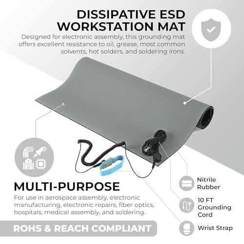 MWRF Source ESD Mat Kit with Wrist Strap and Grounding Cord (2 FT x 3 FT x 0.12 Inch, Grey) - Image 2
