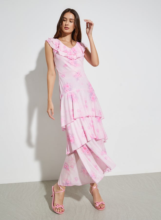 Pink Floral Print Layered Maxi Dress