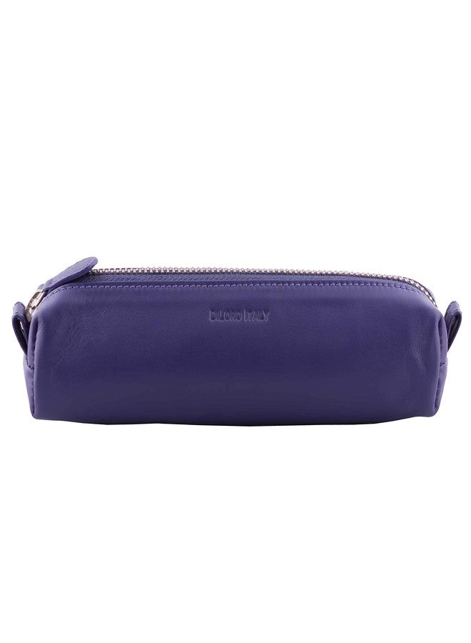DiLoro Leather Zippered Fountain Ballpoint Rollerball Pens and Pencils Case Holder Pouch Genuine Full Grain Soft Nappa Leather (Violet) - Image 1