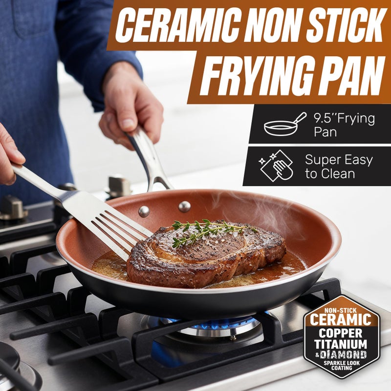 Gotham Steel 9.5 Inch Copper Non Stick Frying Pans, Ceramic Non Toxic Frying Pans Nonstick Skillet Made Without PFOA PFOS, Lightweight, Stay Cool Handle, Oven and Dishwasher Safe - Image 2
