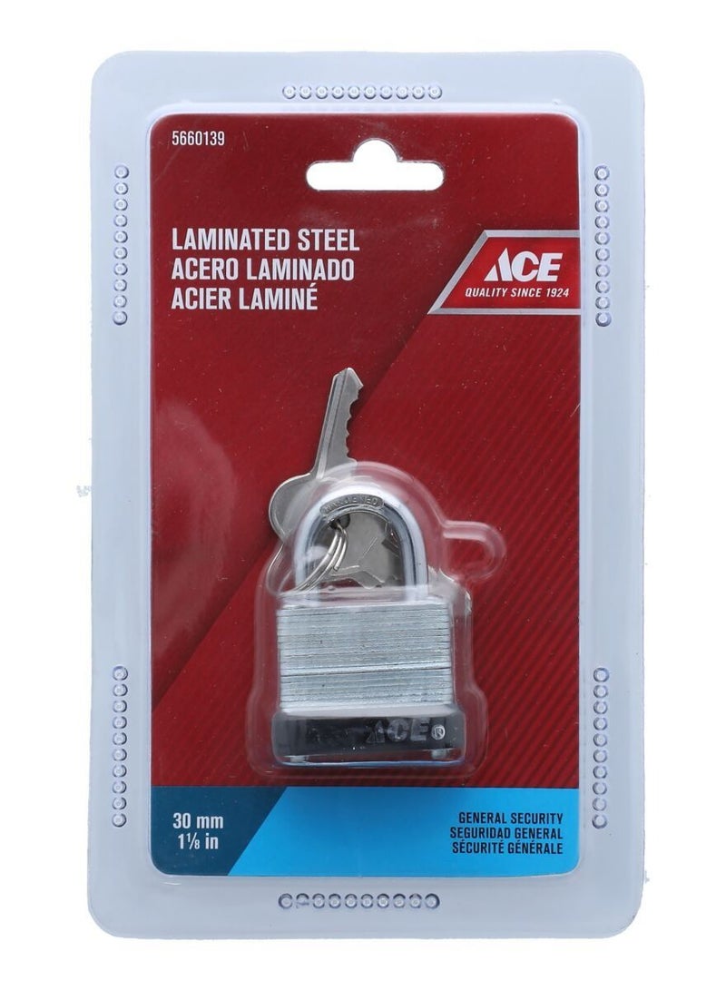ACE Ace Laminated Steel Padlock With Keys Silver And Black 30mm