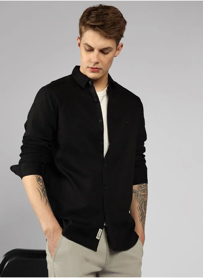 دينيس لينغو Men's Slim Fit Black Casual Cotton Spread Shirt