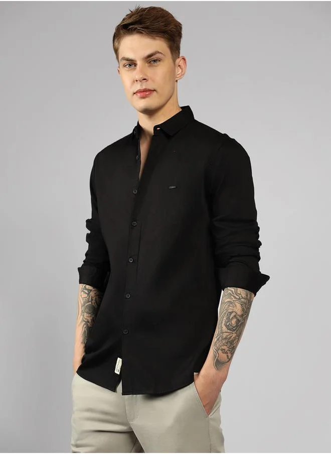 Dennis Lingo Men's Slim Fit Black Casual Cotton Spread Shirt