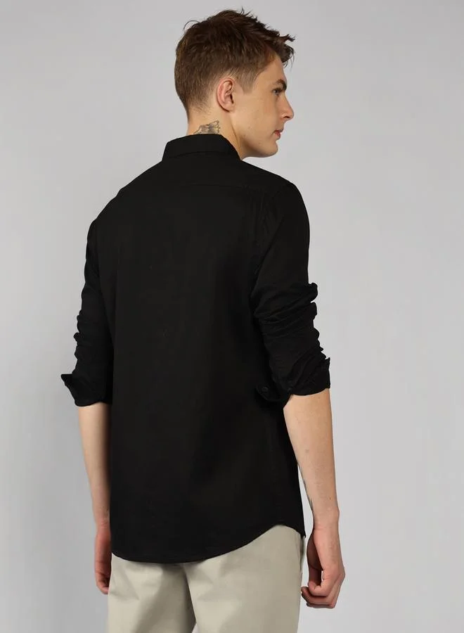 Dennis Lingo Men's Slim Fit Black Casual Cotton Spread Shirt