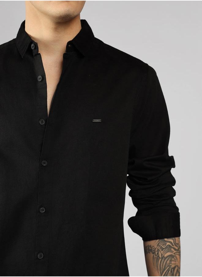 Dennis Lingo - Men's Slim Fit Black Casual Cotton Spread Shirt - Image 1