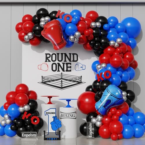Eopelsm Boxing Birthday Party Decorations 139Pcs Red Blue and Black Balloons with Boxing Gloves Foil Balloons for Boxing Baby Shower Party Supplies - Image 1
