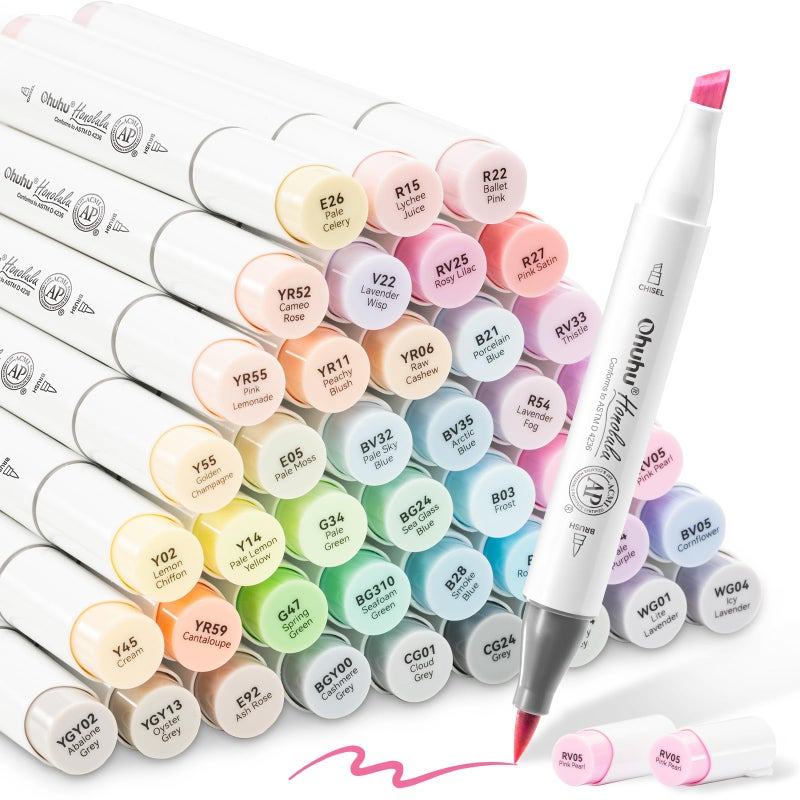 Ohuhu Pastel Alcohol Brush Markers- 48 Colors Of Honolulu Sweetness - Ap Certificated -Alcohol Based Double Tipped Art Marker Set For Artist Adults Coloring Illustration- Brush & Chisel - Refillable - Image 1
