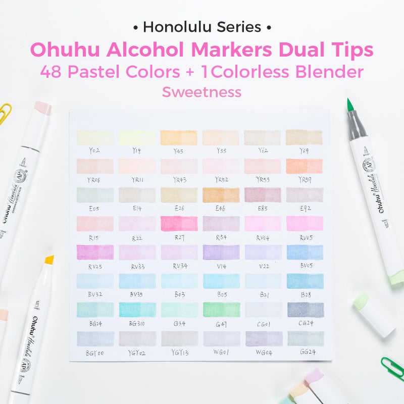 Ohuhu Pastel Alcohol Brush Markers- 48 Colors Of Honolulu Sweetness - Ap Certificated -Alcohol Based Double Tipped Art Marker Set For Artist Adults Coloring Illustration- Brush & Chisel - Refillable - Image 5