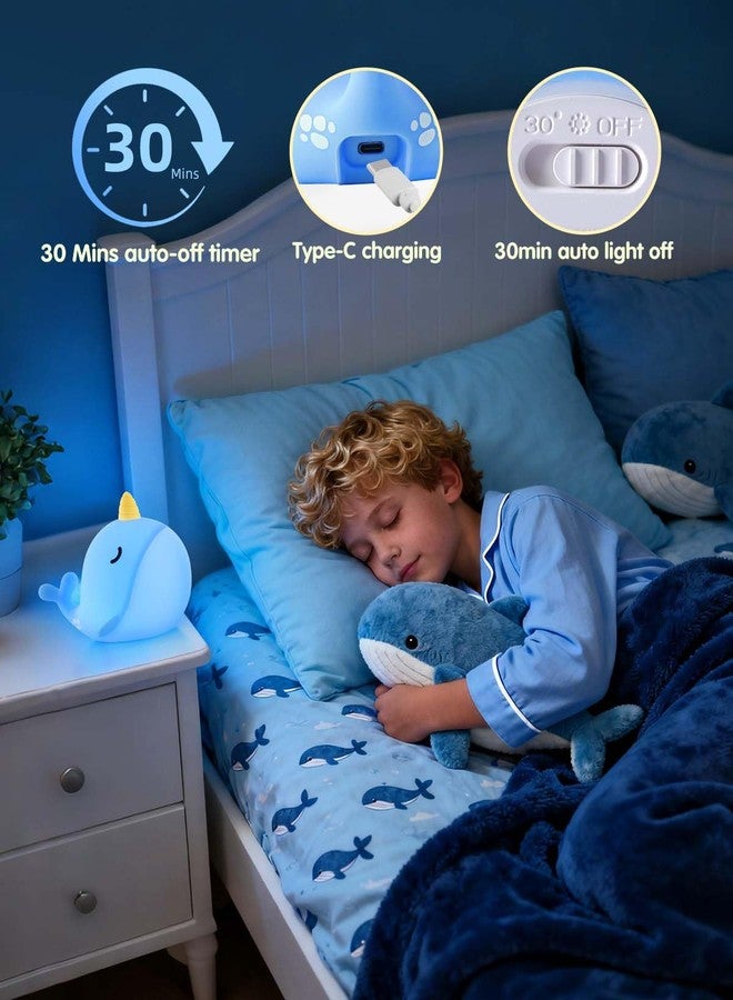Fuloon Narwhal Night Light with Whale Shape, Squishy Silicone Kids Lamp, Safe & Soothing Touch Control for Kids and Babies, USB-C Rechargeable, 30-Min Auto Timer, Gift Idea (Blue) - Image 3