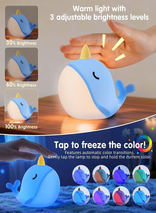 Fuloon Narwhal Night Light with Whale Shape, Squishy Silicone Kids Lamp, Safe & Soothing Touch Control for Kids and Babies, USB-C Rechargeable, 30-Min Auto Timer, Gift Idea (Blue) - Image 2