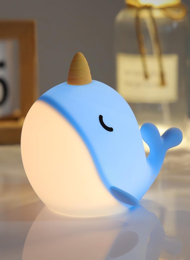 Fuloon Narwhal Night Light with Whale Shape, Squishy Silicone Kids Lamp, Safe & Soothing Touch Control for Kids and Babies, USB-C Rechargeable, 30-Min Auto Timer, Gift Idea (Blue) - Image 1