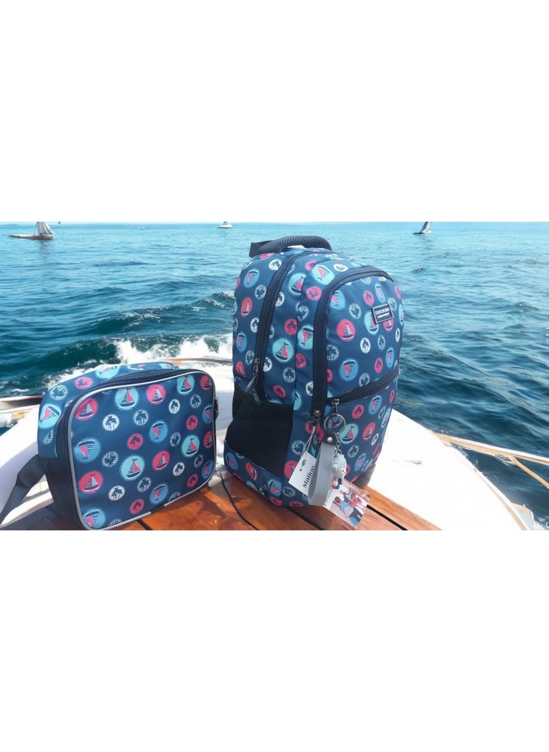 GENC DIJITAL BASKI GENC DIGITAL PRINTING Sailing Sea Patterned Primary School Bag and Lunch Box (Mascot Keychain is a Gift)  - Image 1