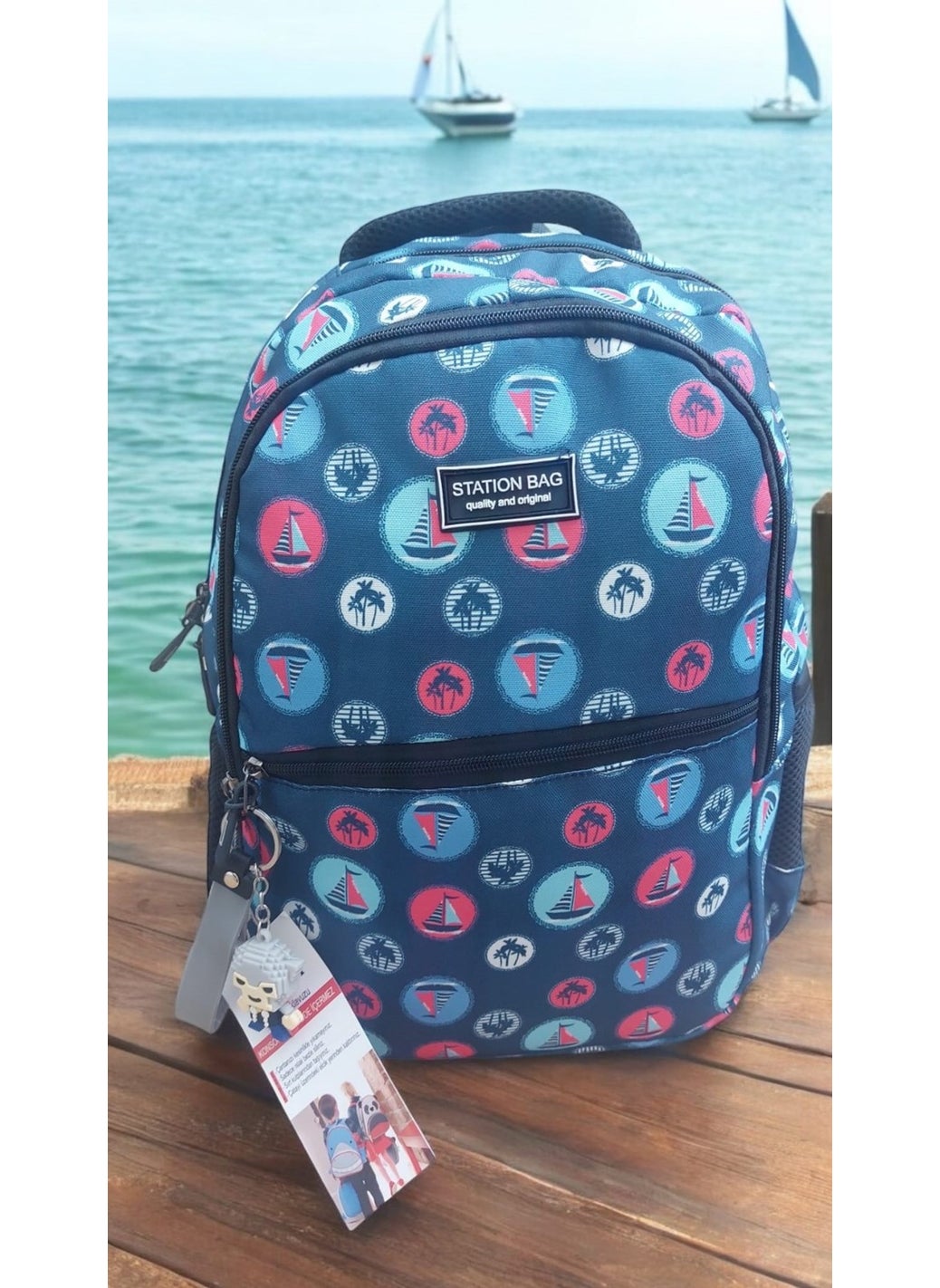 GENC DIJITAL BASKI GENC DIGITAL PRINTING Sailing Sea Patterned Primary School Bag and Lunch Box (Mascot Keychain is a Gift)  - Image 2