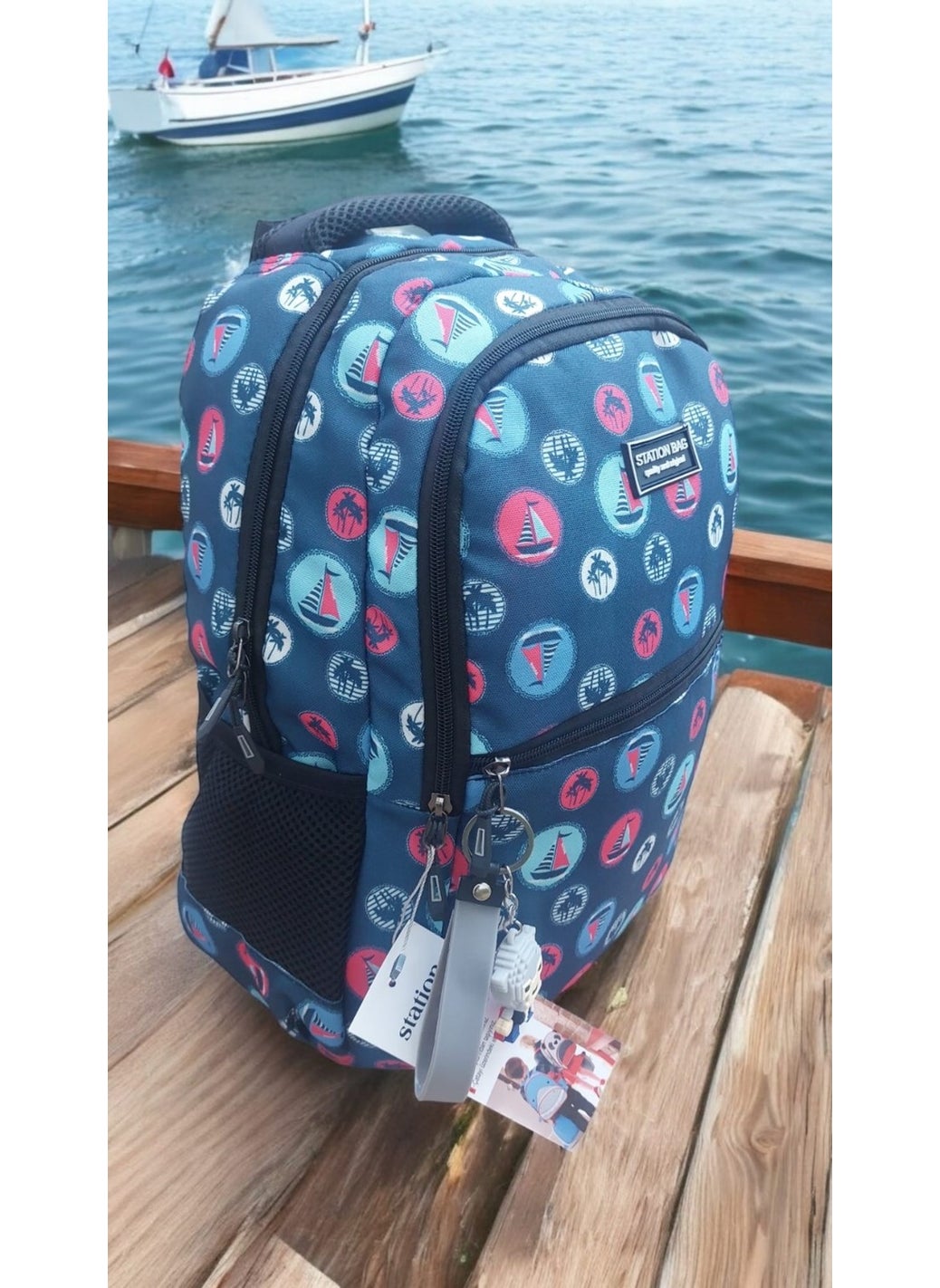 GENC DIJITAL BASKI GENC DIGITAL PRINTING Sailing Sea Patterned Primary School Bag and Lunch Box (Mascot Keychain is a Gift)  - Image 4