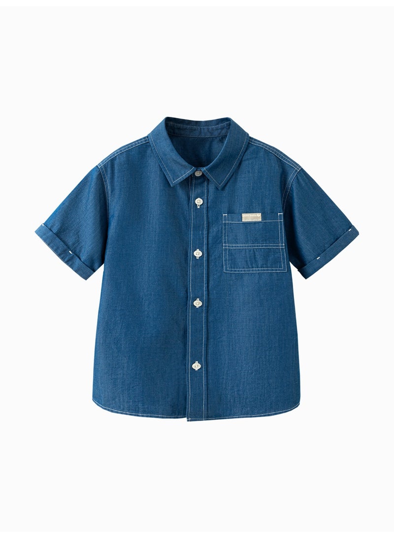 ميني بالا قميص طفل أولاد من أزرق جينز أنيق بأكمام قوية، قطعة دائمة واستيعابية للتنفس، مفتوح بأزرار، طوق مدبب مع جيب على الصدر، مثالي للارتداء اليومي وللأنشطة الخارجية والاجتماعات غير الرسمية قميص طفل - Image 4