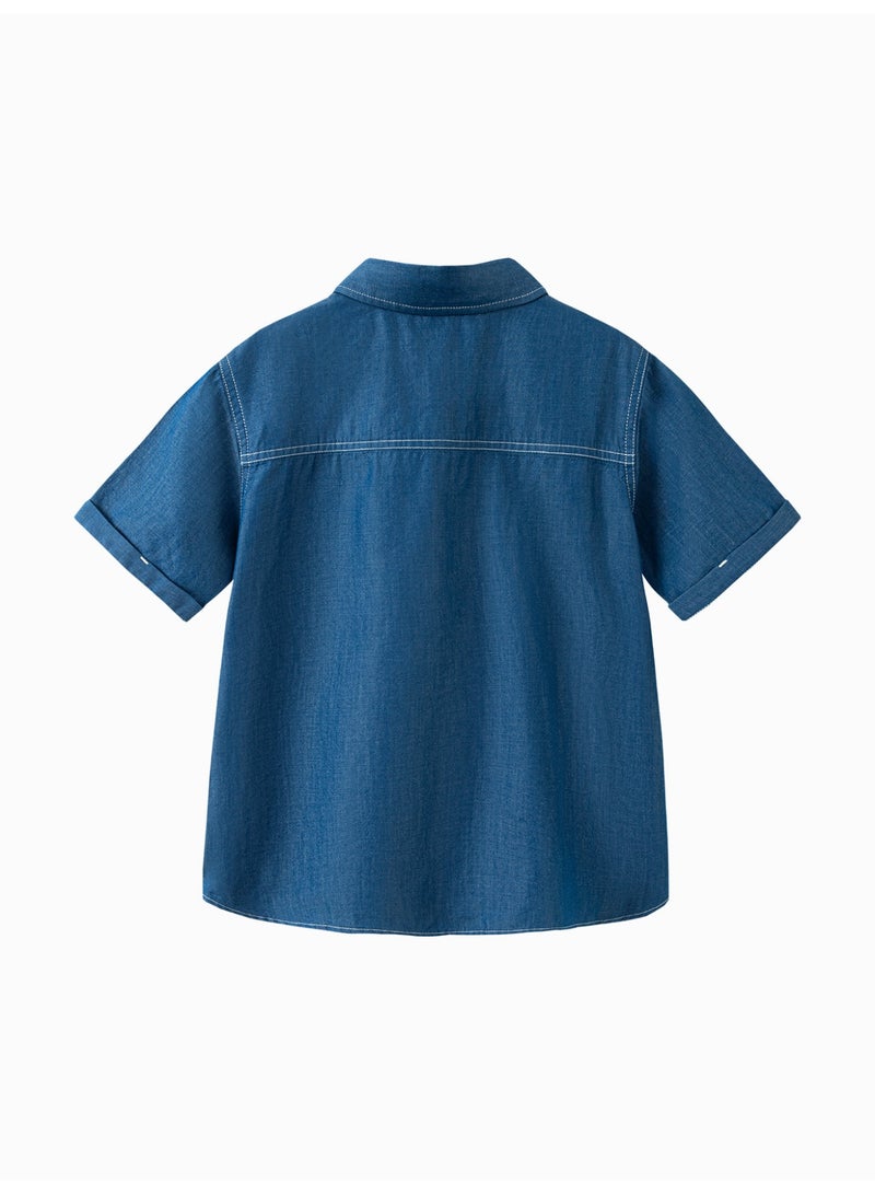 ميني بالا قميص طفل أولاد من أزرق جينز أنيق بأكمام قوية، قطعة دائمة واستيعابية للتنفس، مفتوح بأزرار، طوق مدبب مع جيب على الصدر، مثالي للارتداء اليومي وللأنشطة الخارجية والاجتماعات غير الرسمية قميص طفل - Image 5