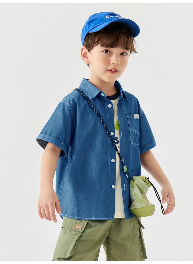 ميني بالا قميص طفل أولاد من أزرق جينز أنيق بأكمام قوية، قطعة دائمة واستيعابية للتنفس، مفتوح بأزرار، طوق مدبب مع جيب على الصدر، مثالي للارتداء اليومي وللأنشطة الخارجية والاجتماعات غير الرسمية قميص طفل - Image 3