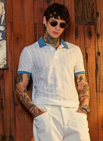 كامبوس سوترا Men's Chalk White & Aegean Blue Contrast Texture Polo T-Shirt