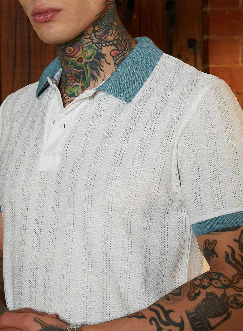 كامبوس سوترا Men's Chalk White & Aegean Blue Contrast Texture Polo T-Shirt