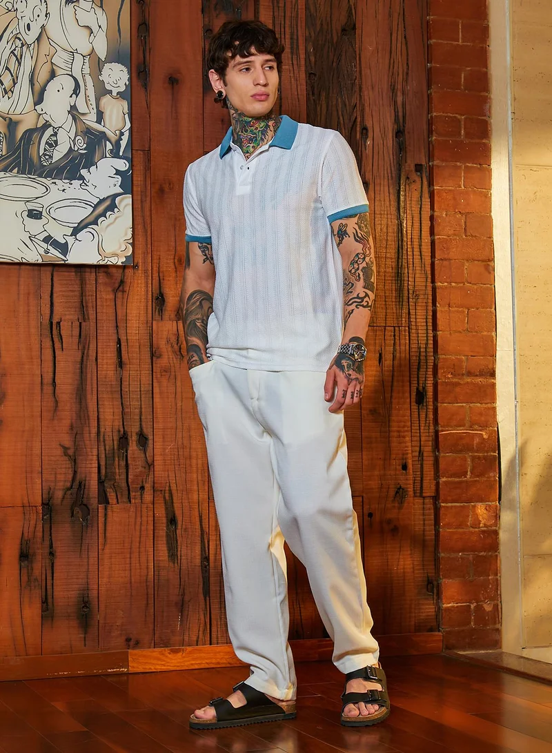 كامبوس سوترا Men's Chalk White & Aegean Blue Contrast Texture Polo T-Shirt