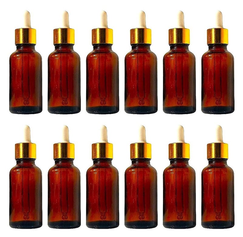 VOW 10 ML Amber Round Empty Glass Bottle Glass Dropper Golden Ring Silicone White Teat Refillable Reusable Leak Proof for Essential Oils PerfumesPack of 12 - Image 1