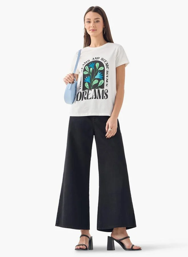 Splash FAV Embellished Crew Neck T-shirt with Short Sleeves