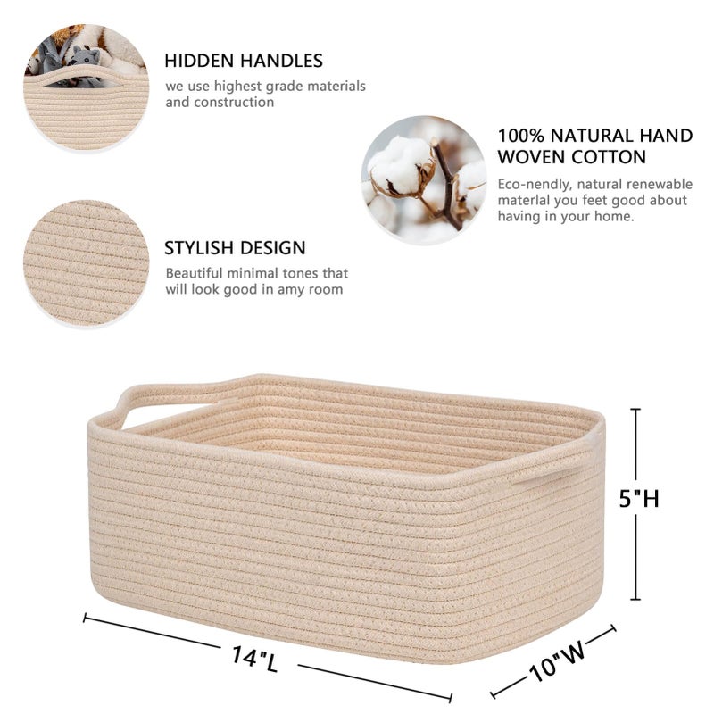 CubesLand Rectangular Cotton Rope Basket, 14x10x5 Inches, Beige, Nursery Storage Bin - Image 2