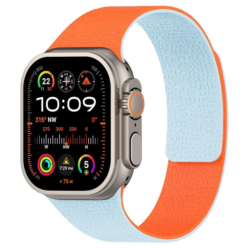 For Apple Watch 42 / 44 / 45 / 46 / 49mm xDfind Color-blocking Litchi Texture Magnetic Silicone Watch Band(Orange + Misty Blue)