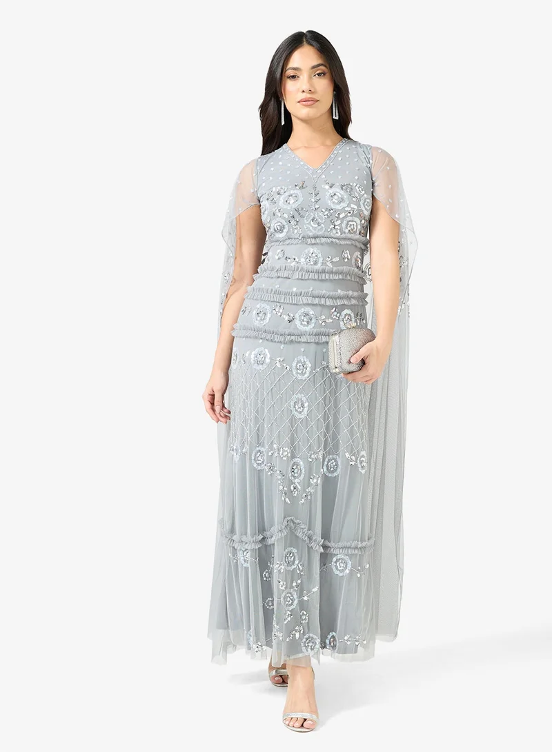 Embellished Mesh Flared Sleeve Maxi Dress