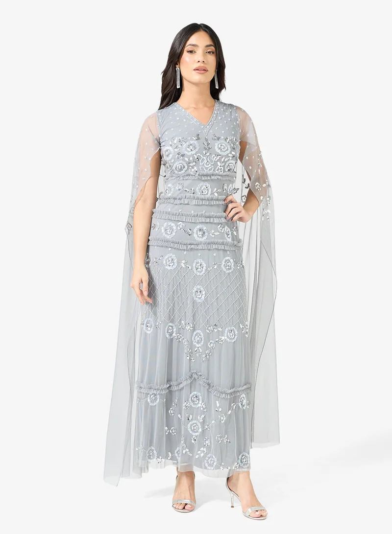 Frock and Frill Embellished Mesh Flared Sleeve Maxi Dress